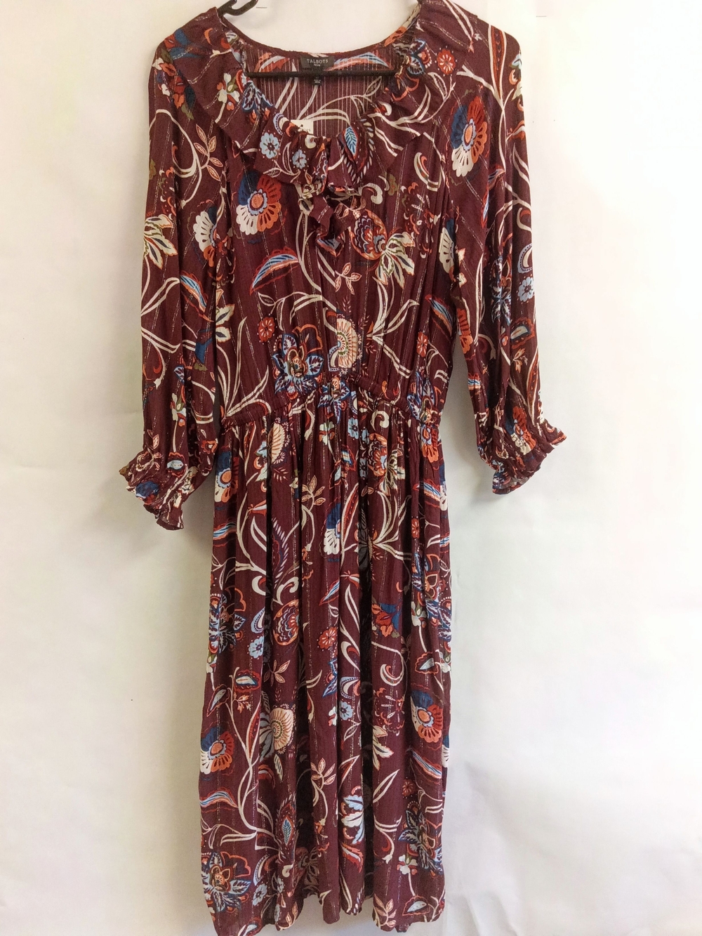 Talbots Boho Floral Long Sleeve Midi Dress Ruffle Neck In Rust w/ Silver Lining